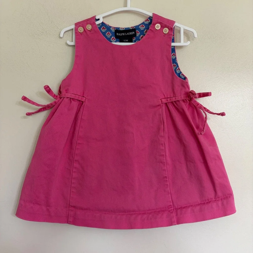 Ralph Lauren Baby Girls Pink Jumper Dress 12M Side Ties Floral Lining